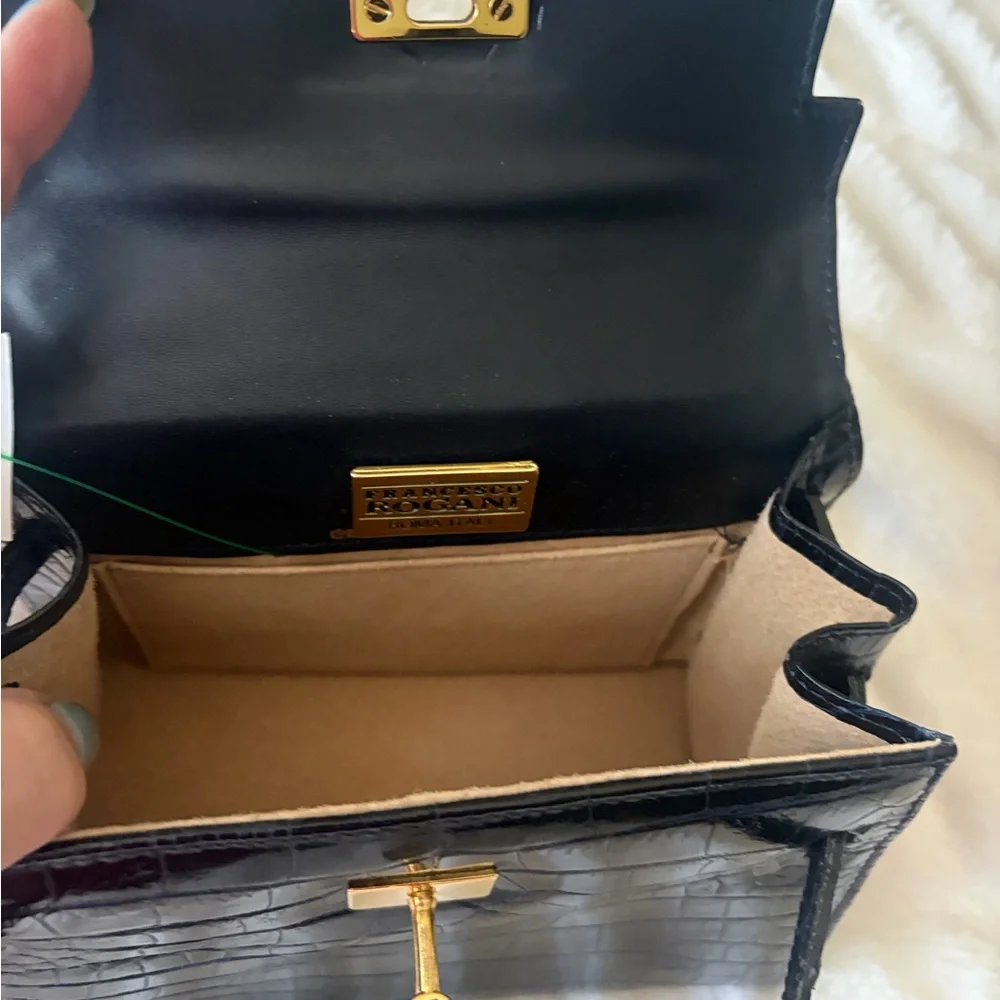 Black Croc-Embossed Top Handle Satchel with Gold Hardware - Picture 7 of 7